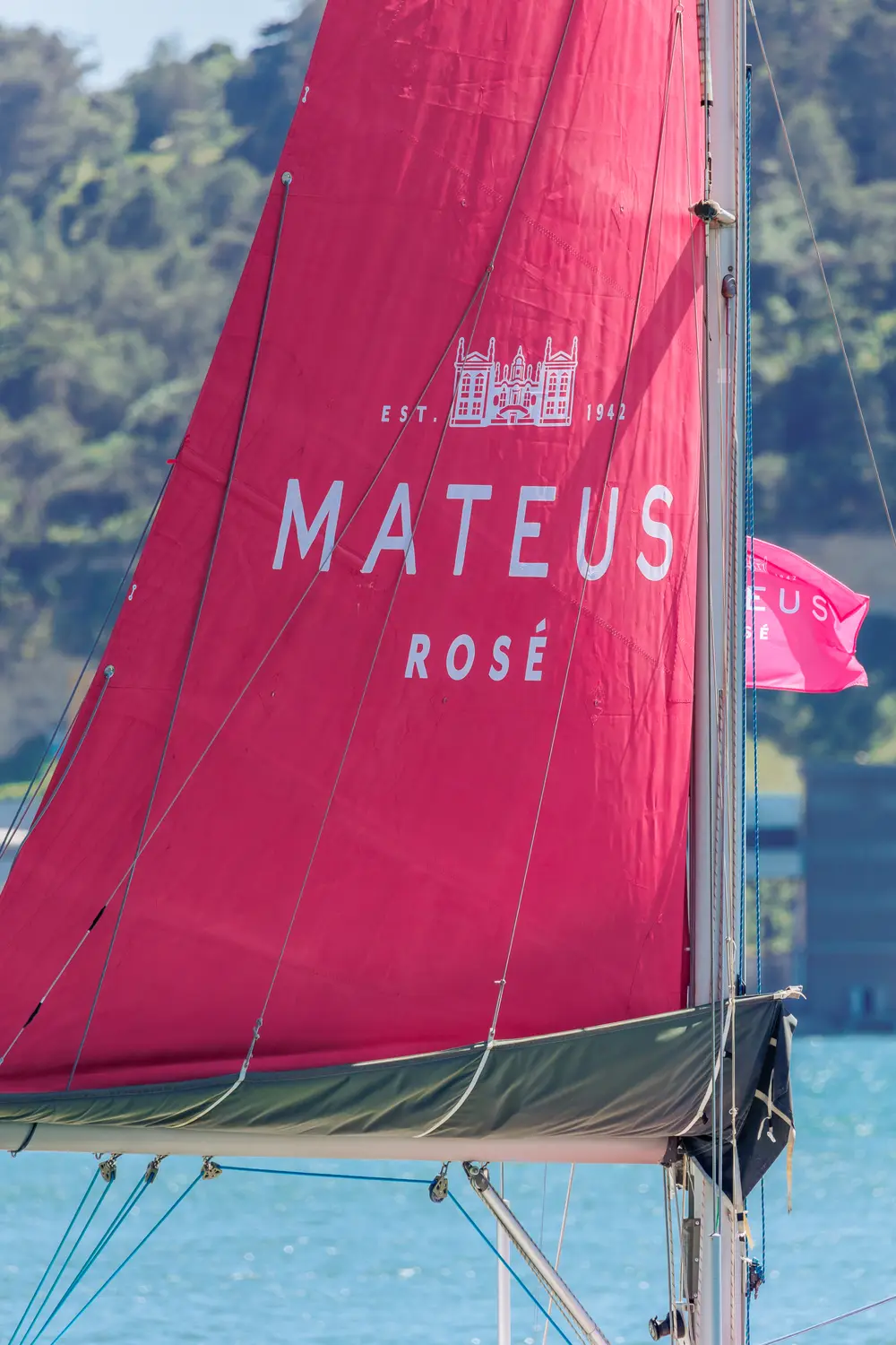 Detalhe da vela de marca e do galhardete contra a encosta
