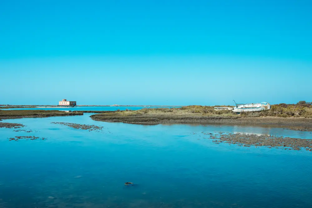 Plano geral da Ria Formosa, com o mar ao fundo